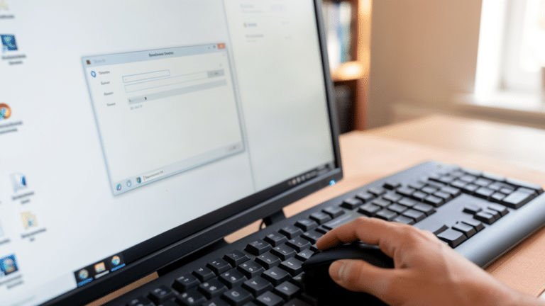 Main qui utilise la souris devant un écran Windows avec une fenêtre de recherche système ouverte