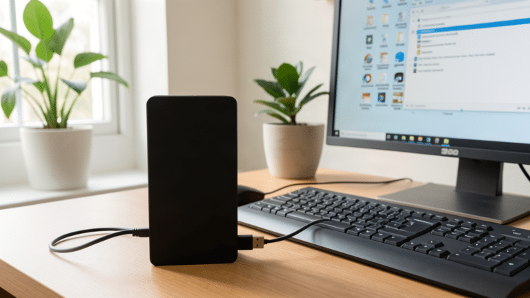 Disque dur externe noir branche en USB sur un PC Windows, bureau lumineux