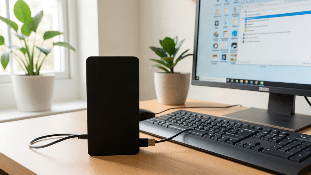 Disque dur externe noir relié par un câble USB à un PC de bureau posé sur un bureau en bois