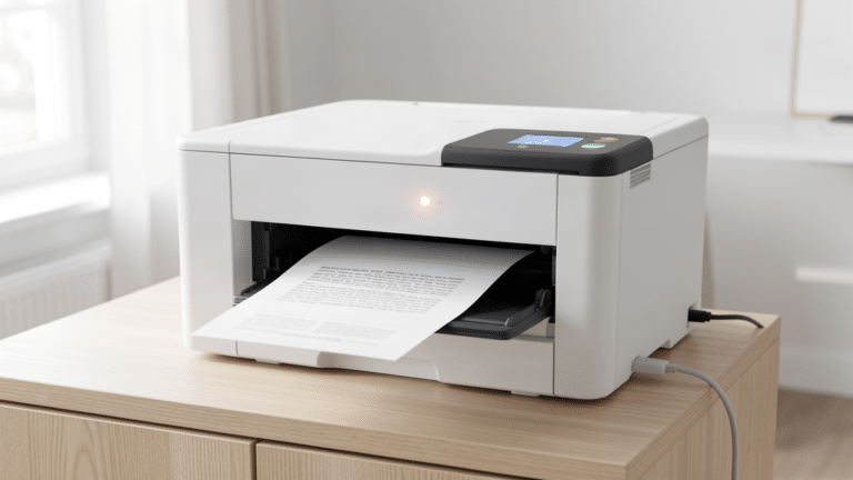 Imprimante de bureau blanche en train d'imprimer un document, voyant lumineux allume