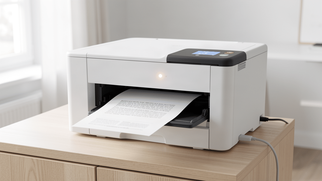 Imprimante de bureau blanche en train d'imprimer un document, voyant lumineux allume
