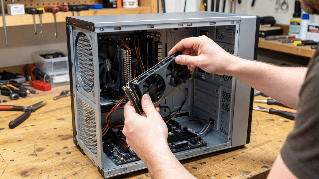 Mains installant une carte d'extension dans une tour de PC de bureau ouverte, posée sur un établi avec des outils
