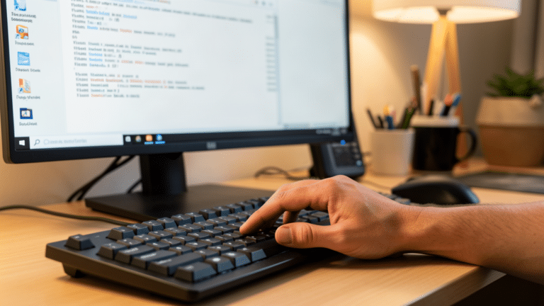 Main tapant sur un clavier PC noir devant un ecran Windows