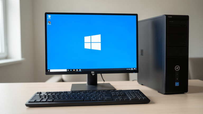PC de bureau Windows avec tour et écran allumé, clavier avec touche Windows au premier plan