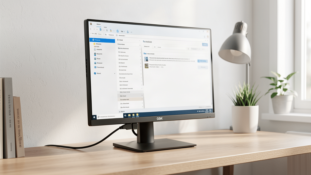 Moniteur PC noir pose sur un bureau, cable branche a l'arriere