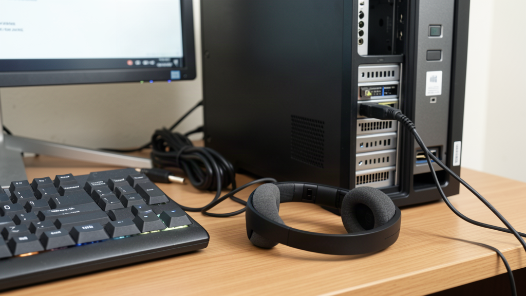 Casque audio filaire posé sur un bureau à côté du clavier d'un PC Windows