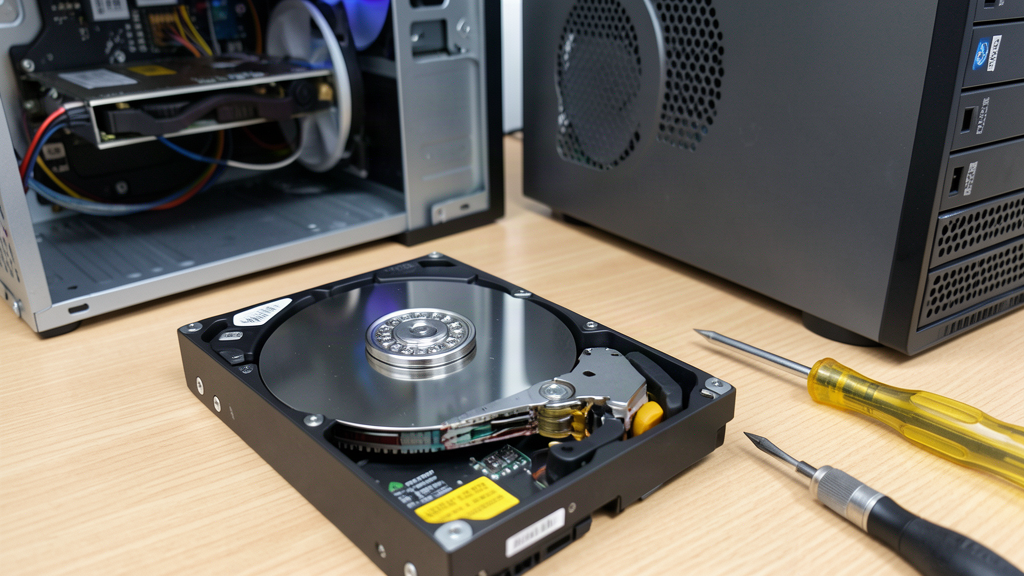 Disque dur mécanique ouvert posé sur un bureau près de deux tours de PC, avec deux tournevis