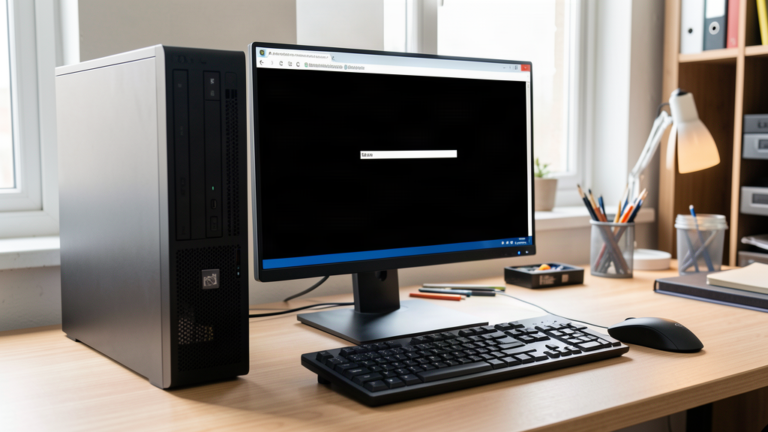 PC de bureau Windows avec tour et moniteur, clavier et souris sur le bureau