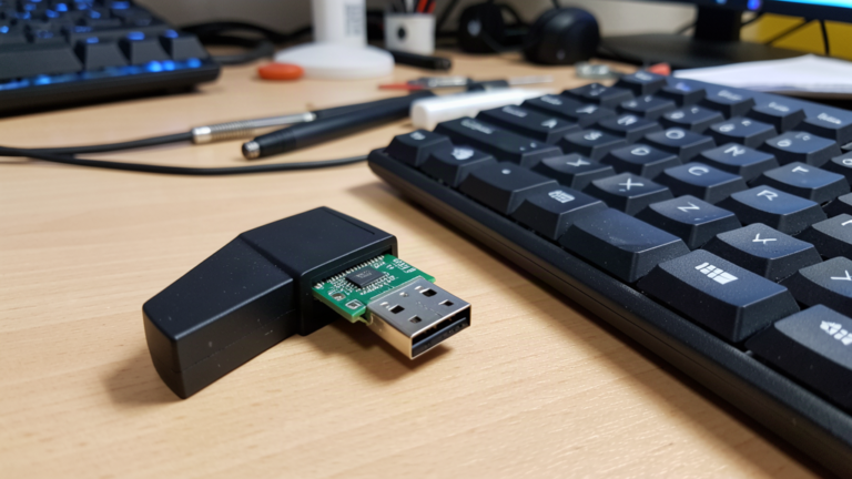 Clé USB ouverte montrant sa carte électronique et son connecteur, posée sur un bureau
