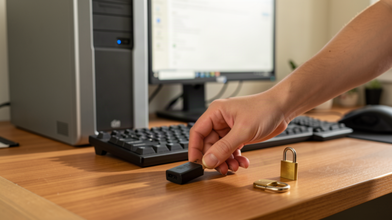 Main posant une clé USB noire sur un bureau devant une tour de PC Windows, deux cadenas posés à côté du clavier