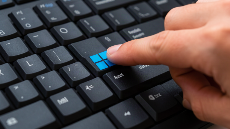 Doigt appuyant sur la touche Windows d'un clavier de PC noir