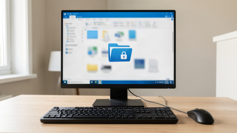 Dossier de fichiers marqué d'un cadenas affiché au centre d'un écran de PC Windows de bureau, clavier et souris au premier plan