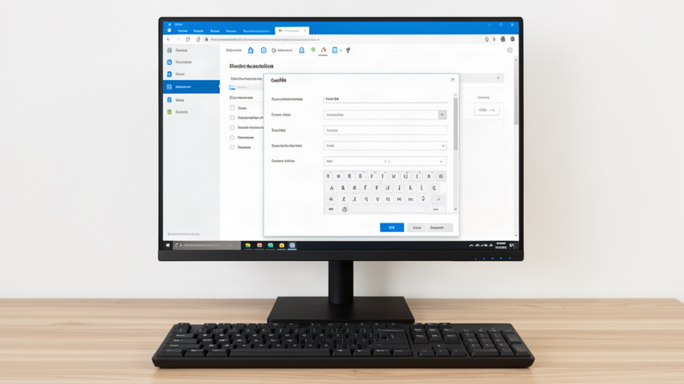 Moniteur de bureau affichant la fenêtre des paramètres d’un PC Windows 11, clavier de PC posé devant l’écran