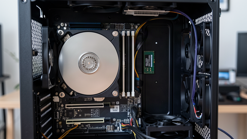 Intérieur d'une tour de PC de bureau avec un disque dur mécanique et un SSD