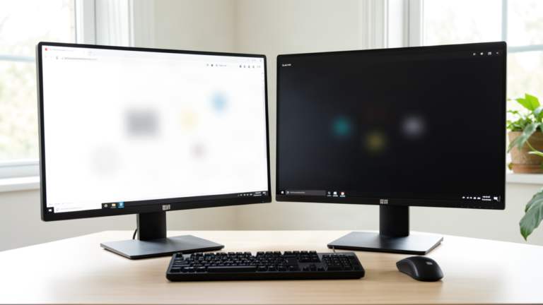Deux écrans de PC Windows côte à côte, celui de gauche en thème clair et celui de droite en thème sombre, clavier PC et souris devant