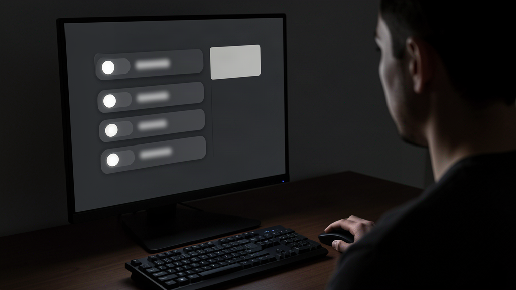 Personne devant un PC Windows affichant une page de réglages avec plusieurs interrupteurs, dans une pièce sombre