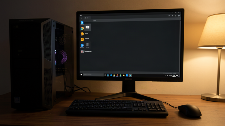 PC de bureau Windows avec tour et écran affichant un bureau en thème sombre, clavier PC noir et souris posés devant, lampe allumée sur le côté