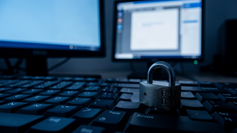 Cadenas à combinaison posé sur le clavier noir d'un PC Windows, écrans allumés en arrière-plan flou