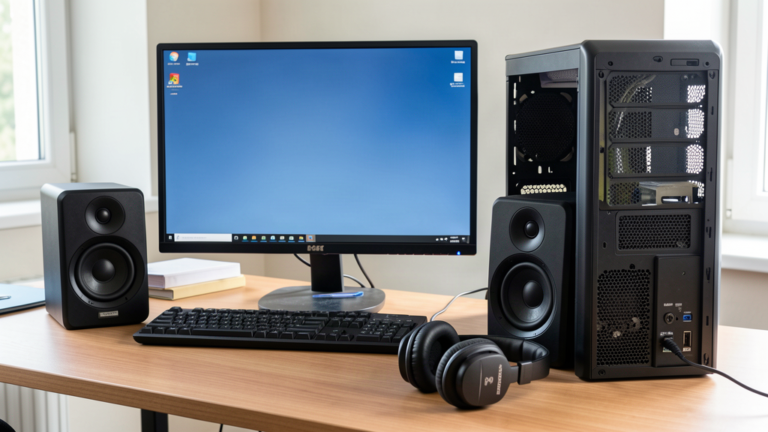 Poste de PC Windows avec deux enceintes et un casque audio posés sur le bureau