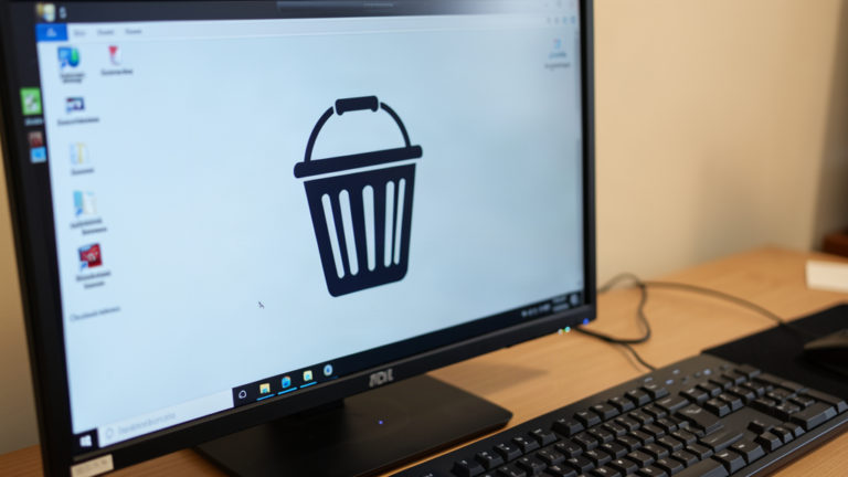 Écran de PC Windows affichant une grande icône de corbeille sur le bureau, sans texte lisible