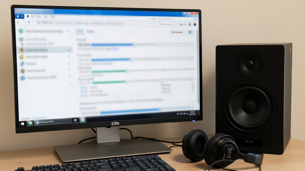 Écran de PC Windows affichant des réglages de son, avec une enceinte et un casque à côté