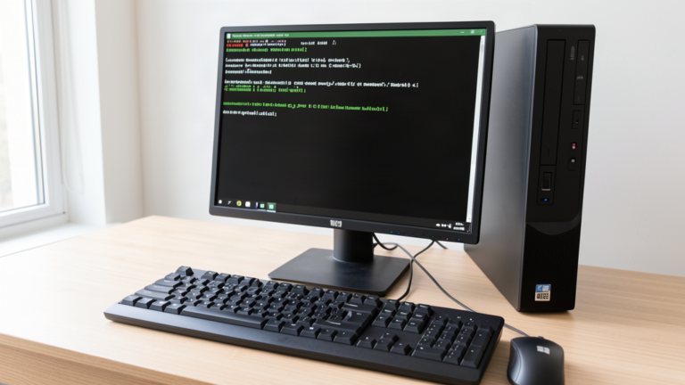 Écran de PC Windows affichant une invite de commandes avec un scan de fichiers système, clavier et tour noire sur un bureau