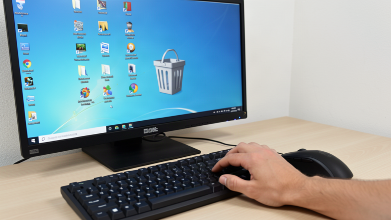 Main sur une souris devant un écran de PC Windows montrant le bureau avec des icônes dont la corbeille
