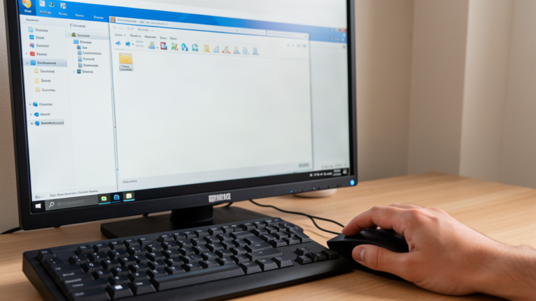 Main sur une souris devant un écran de PC Windows, clavier PC noir à côté