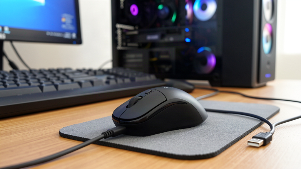 Souris filaire noire devant un clavier de PC Windows, avec son connecteur USB visible sur le bureau