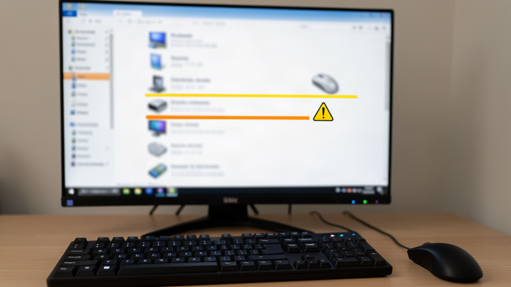 Écran de PC Windows affichant une liste de périphériques avec un point d'exclamation jaune