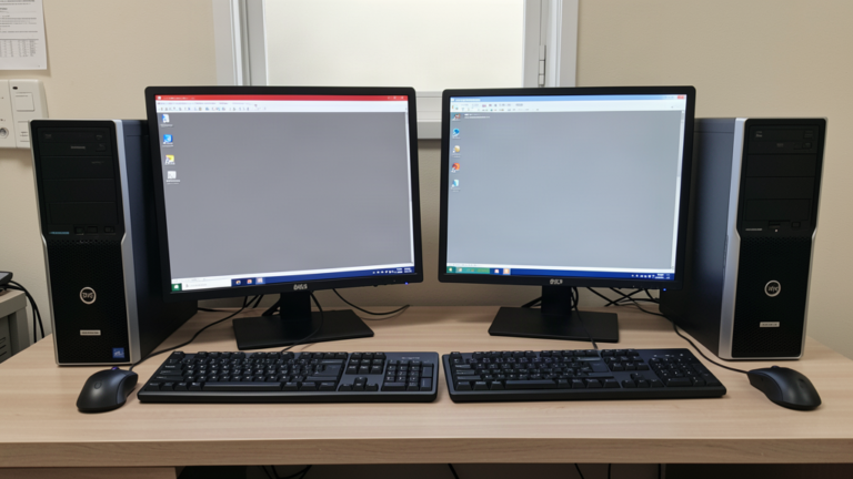 Deux postes PC Windows de bureau côte à côte, chacun avec sa tour, son écran, son clavier PC et sa souris, pour tester une souris sur une autre machine