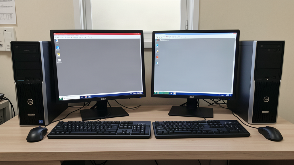 Deux postes PC Windows de bureau côte à côte, chacun avec sa tour, son écran et son clavier