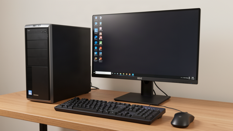 Poste de travail PC Windows avec tour, écran allumé et souris optique noire posée devant le clavier PC noir