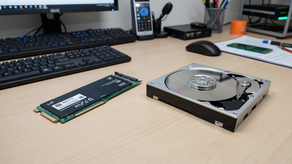 SSD NVMe au format M.2 et disque dur mécanique ouvert, posés côte à côte sur un bureau technique