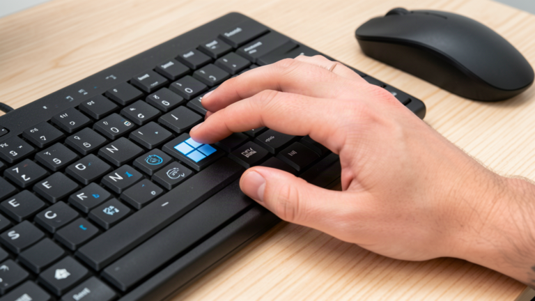 Main qui appuie sur la touche Windows d'un clavier de PC, logo quatre carrés visible
