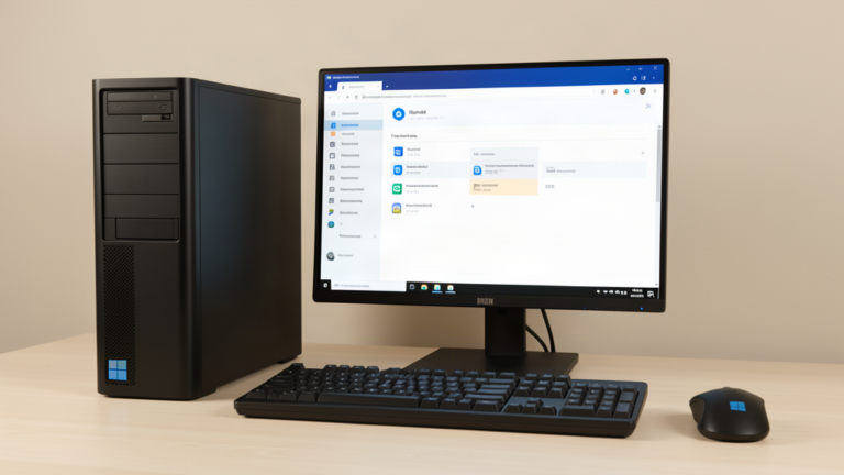 PC de bureau Windows avec écran affichant la gestion des programmes qui se lancent au démarrage, clavier avec touche Windows
