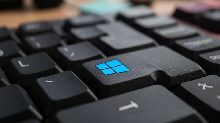 Gros plan sur la touche Windows d'un clavier de PC noir, logo quatre carrés visible