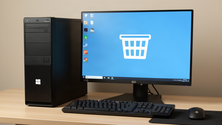 PC de bureau Windows avec écran affichant le bureau et une grande icône de corbeille, clavier avec touche Windows