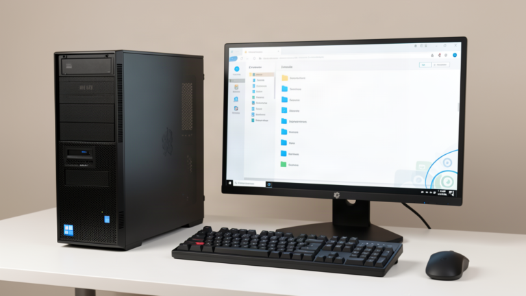 PC de bureau Windows avec écran affichant la gestion des fichiers, clavier avec touche Windows, tour noire
