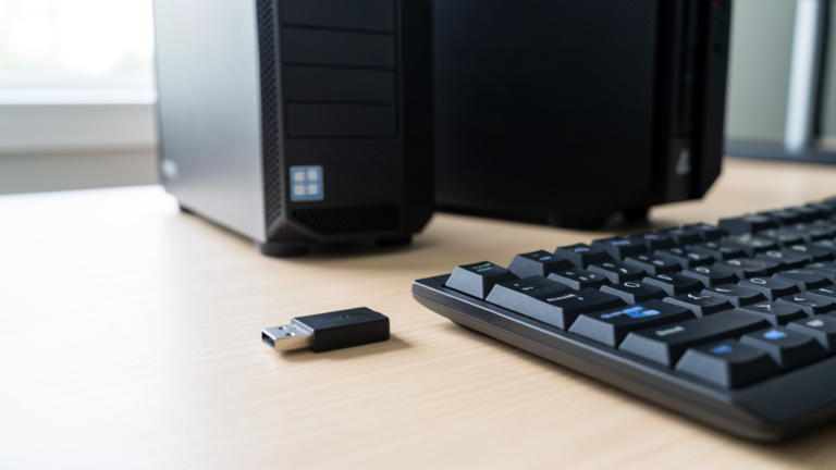 Clé USB noire posée sur un bureau clair devant une tour PC Windows, clavier avec touche Windows au premier plan