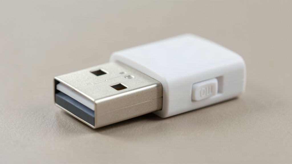 Clé USB blanche en gros plan, avec le curseur de protection en écriture visible sur le boîtier