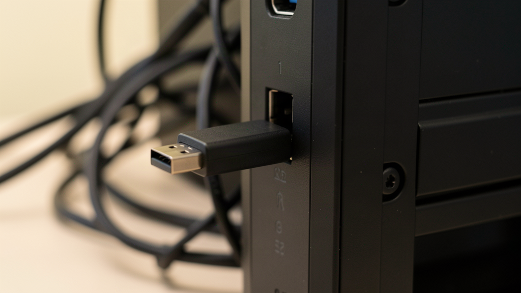 Périphérique USB branché sur un port bleu en façade d'une tour de PC Windows