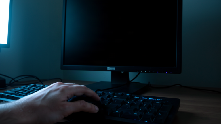 Main posée sur une souris filaire devant un clavier de PC Windows, écran éteint en arrière-plan dans une pièce sombre