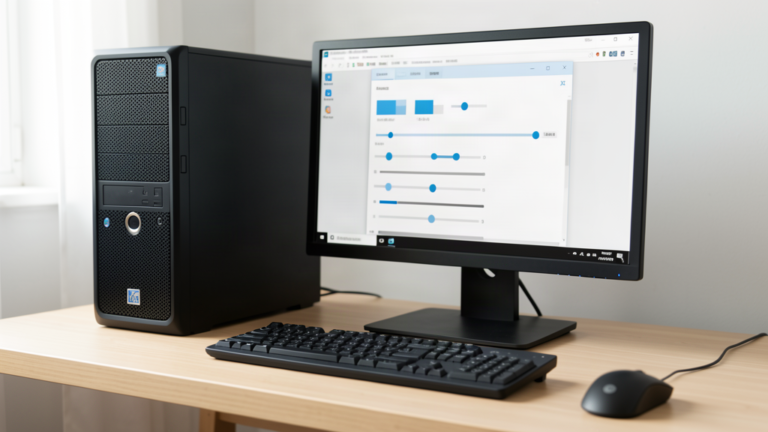 Poste de travail PC Windows de bureau avec sa tour, un moniteur affichant une fenêtre de réglages stylisée et un clavier PC