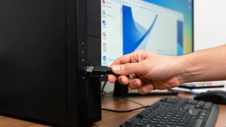 Main qui branche un câble USB sur le port d'une tour de PC Windows