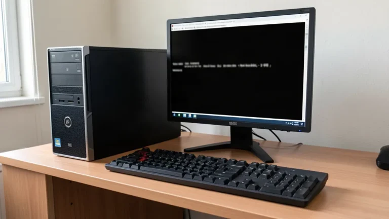 Poste de PC Windows avec une console d'invite de commandes ouverte à l'écran