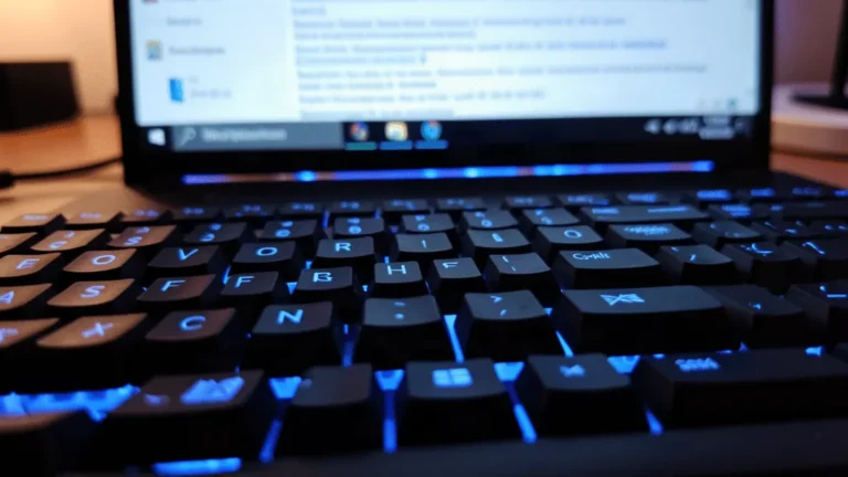 Clavier d'ordinateur portable PC retroeclaire en bleu, touche Windows visible