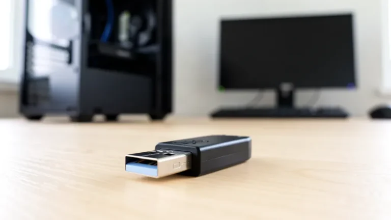 Clé USB noire posée sur un bureau en bois devant un PC de bureau Windows