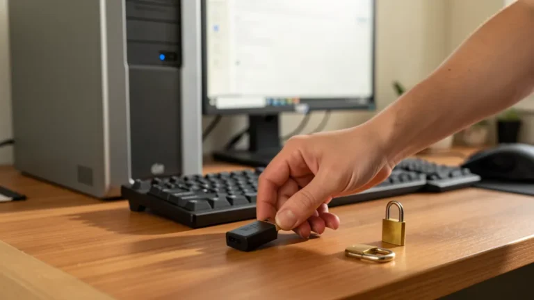 Main posant une clé USB noire sur un bureau devant une tour de PC Windows, deux cadenas posés à côté du clavier