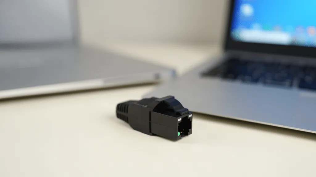 Connecteur réseau Ethernet RJ45 posé sur un bureau clair devant un ordinateur portable
